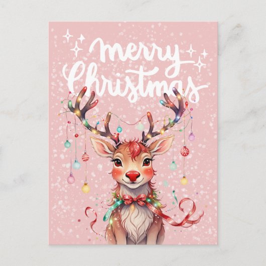 かわいいピンクお洒落のトナカイとクリスマスライト ポストカード (正面)
