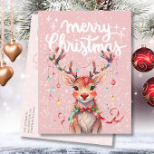 かわいいピンクお洒落のトナカイとクリスマスライト ポストカード