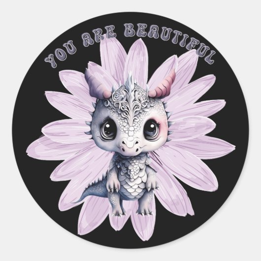 かわいいピンクお洒落のドラゴン「キミは美しい」 ラウンドシール (正面)