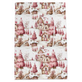 かわいいピンクお洒落の雪のクリスマスパターン ミディアムペーパーバッグ (裏面)