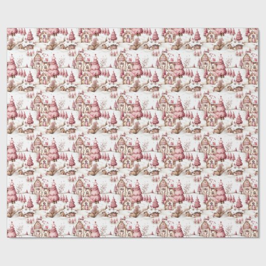 かわいいピンクお洒落の雪のクリスマスビレッジ ラッピングペーパー (フラット)