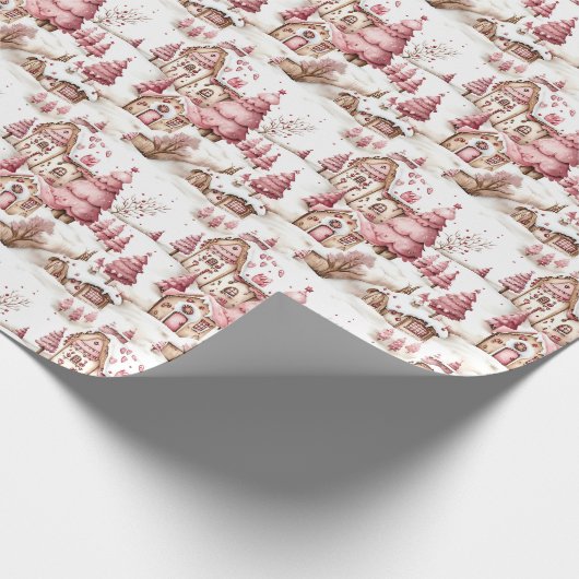 かわいいピンクお洒落の雪のクリスマスビレッジ ラッピングペーパー (角)