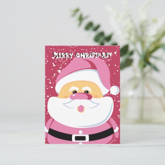 かわいいピンクお洒落サンタクロースのクリスマス シーズンポストカード (スタンド正面)