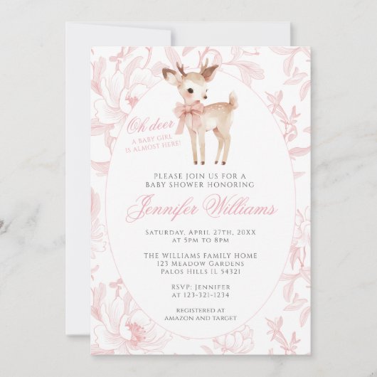 かわいいピンクお鹿と弓フローラ赤ちゃんガールシャワー 招待状 (正面)