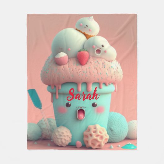 かわいいピンクかわいいアイスクリームカップドアサイン フリースブランケット (正面)