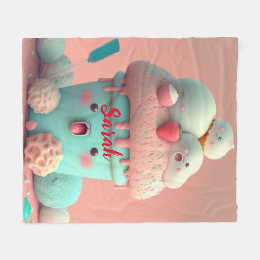 かわいいピンクかわいいアイスクリームカップドアサイン フリースブランケット (正面(横))