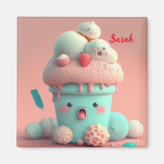 かわいいピンクかわいいアイスクリームカップ マグネット (正面)