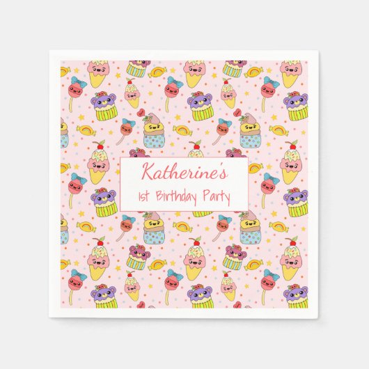 かわいいピンクかわいいスイーツハッピー1歳パーティー スタンダードカクテルナプキン (正面)