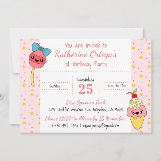 かわいいピンクかわいいスイーツハッピー1歳パーティー 招待状 (正面)