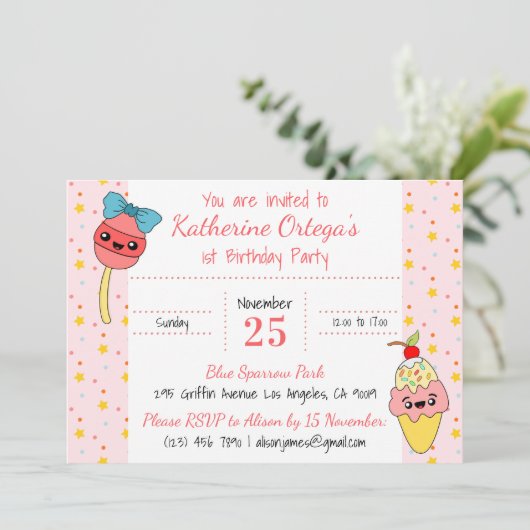 かわいいピンクかわいいスイーツハッピー1歳パーティー 招待状 (スタンド正面)