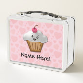 かわいいピンクかわいいハッピー顔カップケーキガールズ メタルランチボックス (裏面)