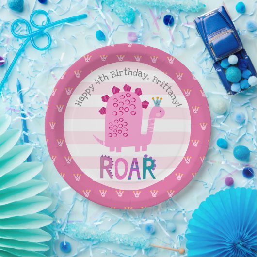 かわいいピンクかわいい恐竜のローアガール誕生日名 ペーパープレート (パーティー)
