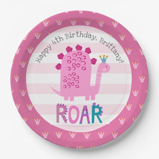 かわいいピンクかわいい恐竜のローアガール誕生日名 ペーパープレート (正面)