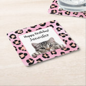 かわいいピンクかわいい猫誕生日紙コースター スクエアペーパーコースター (アングル)