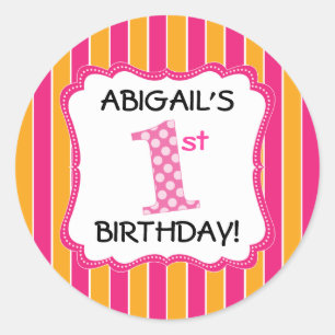 かわいいピンクかオレンジ女の子の最初誕生日 ラウンドシール