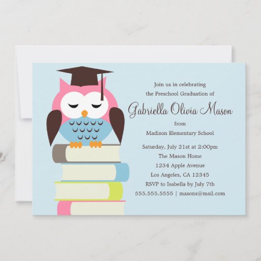 かわいいピンクか青いフクロウ|の卒業パーティーの招待 招待状 (正面)