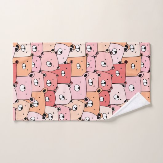 かわいいピンクとオレンジのクマ バスタオルセット (ハンドタオル)