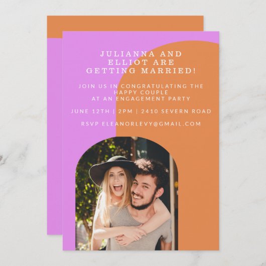 かわいいピンクとオレンジのレトロ写真婚約パーティ 招待状 (正面/裏面)