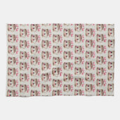 かわいいピンクとクリームの水色ホットココアパターン キッチンタオル (横)