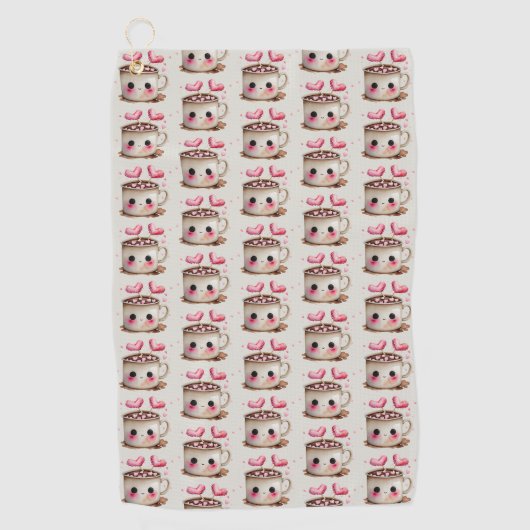 かわいいピンクとクリームの水色ホットココアパターン ゴルフタオル (正面)