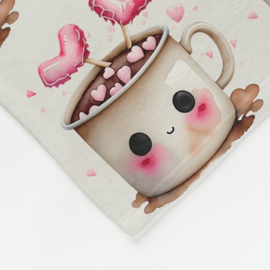 かわいいピンクとクリームの水色ホットココアパターン フリースブランケット (角)