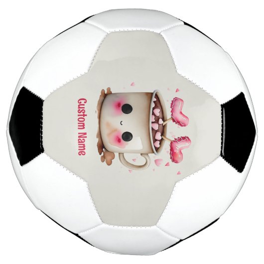かわいいピンクとクリームの水色ホットココアマグ サッカーボール (回転)