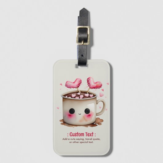 かわいいピンクとクリームの水色ホットココアマグ ラゲッジタグ (正面縦)