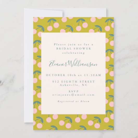 かわいいピンクとグリーンさくらんぼフルーツブライダルシャワー 招待状 (正面)