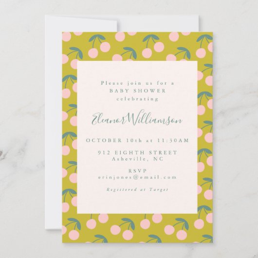 かわいいピンクとグリーンさくらんぼフルーツ赤ちゃんシャワー 招待状 (正面)