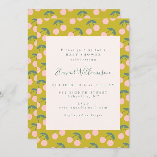 かわいいピンクとグリーンさくらんぼフルーツ赤ちゃんシャワー 招待状 (正面/裏面)