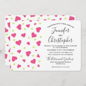 かわいいピンクとグリーンのハートパター結婚ン 招待状 (正面/裏面)