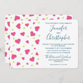 かわいいピンクとグリーンのハートパター結婚ン 招待状 (正面/裏面)