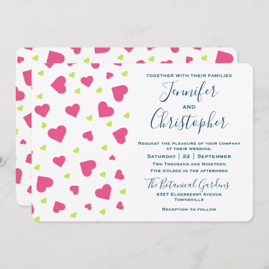 かわいいピンクとグリーンのハートパター結婚ン 招待状 (正面/裏面)