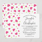 かわいいピンクとグリーンのハート柄のウェディング 招待状 (正面/裏面)