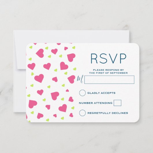 かわいいピンクとグリーンのハート柄 出欠カード (正面)