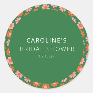 かわいいピンクとグリーンのレトロな花のウェディングシャワーカスタム ラウンドシール