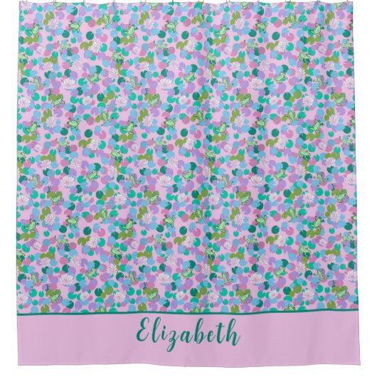 かわいいピンクとグリーンカエル名前をカスタムする ガーリー シャワーカーテン (正面)