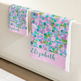 かわいいピンクとグリーンカエル名前をカスタムする ガーリー バスタオルセット