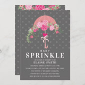 かわいいピンクとグレーのフローラ傘の赤ちゃんシャワー 招待状 (正面/裏面)