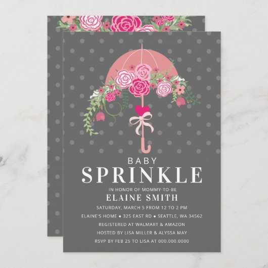 かわいいピンクとグレーのフローラ傘の赤ちゃんシャワー 招待状 (正面/裏面)