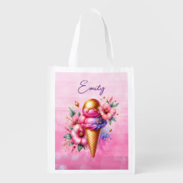 かわいいピンクとゴールドのアイスコーンの花 エコバッグ