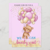 かわいいピンクとゴールドのテディベア風船 ベビーシャワー 招待状 (正面/裏面)