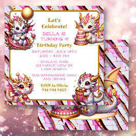 かわいいピンクとゴールドのドラゴン女子の誕生日パーティー 招待状