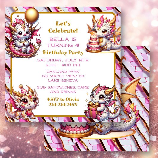 かわいいピンクとゴールドのドラゴン女子の誕生日パーティー 招待状