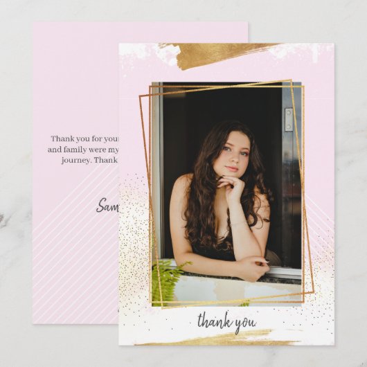 かわいいピンクとゴールドのフレームの卒業お礼カード 招待状 (正面/裏面)