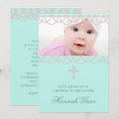 かわいいピンクとターコイズブルーの写真付き洗礼式 招待状 (正面/裏面)