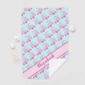 かわいいピンクとティール（緑がかった色）のゴルフカーパーソナライズされたト名 ゴルフタオル (インサイチュ)