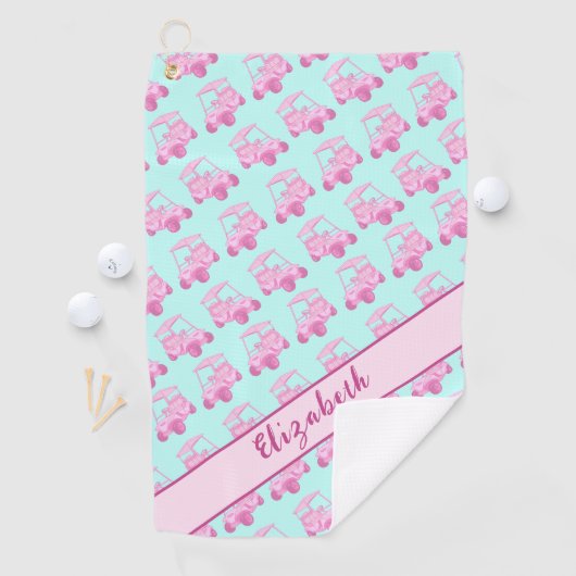 かわいいピンクとティール(緑がかった色)のゴルフカーパーソナライズされたト名 ゴルフタオル (インサイチュ)