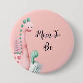 かわいいピンクとティール（緑がかった色）恐竜の赤ちゃんシャワー母になる 缶バッジ (正面)