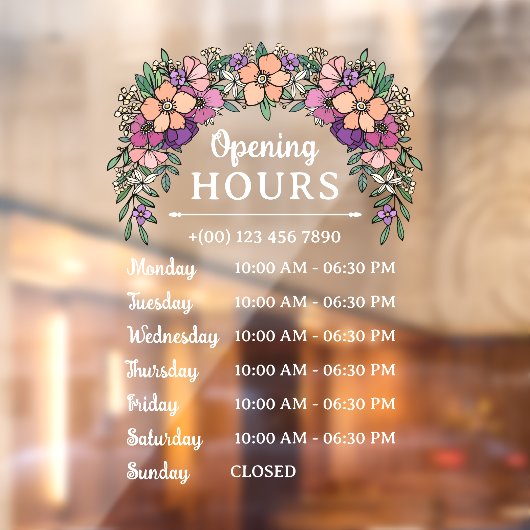 かわいいピンクとパープルの花のオープン時間ビジネス ウィンドウサイン (シート2)